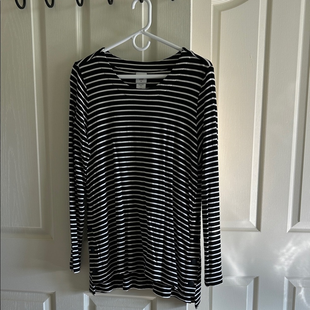 CAbi Black and White Striped Long Sleeve Hi-Lo Tunic Top